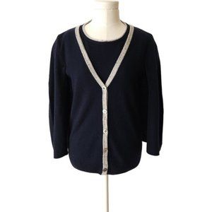 St. John 100% Cashmere navy cape twinset with grey speckled trim